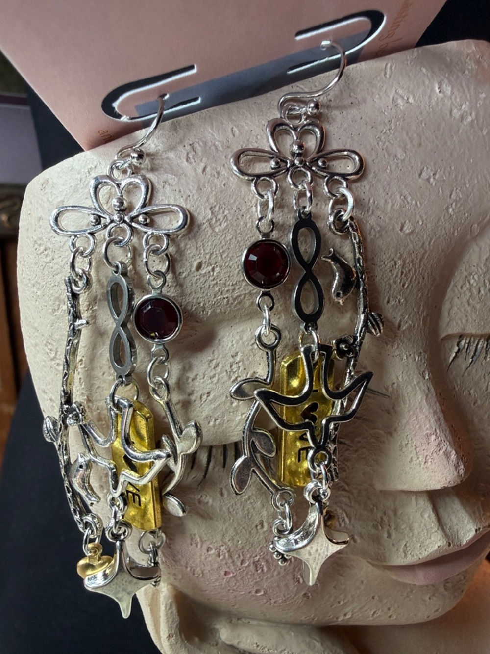 Silver-Tone Dangle Earrings with Garnet and Gold Accents